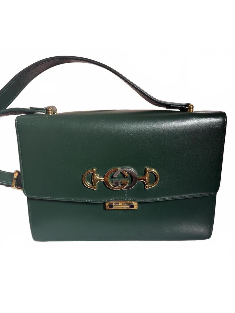 Third Party Authenticated Gucci Zumi Dark Green Leather Handbag Gold Hardware